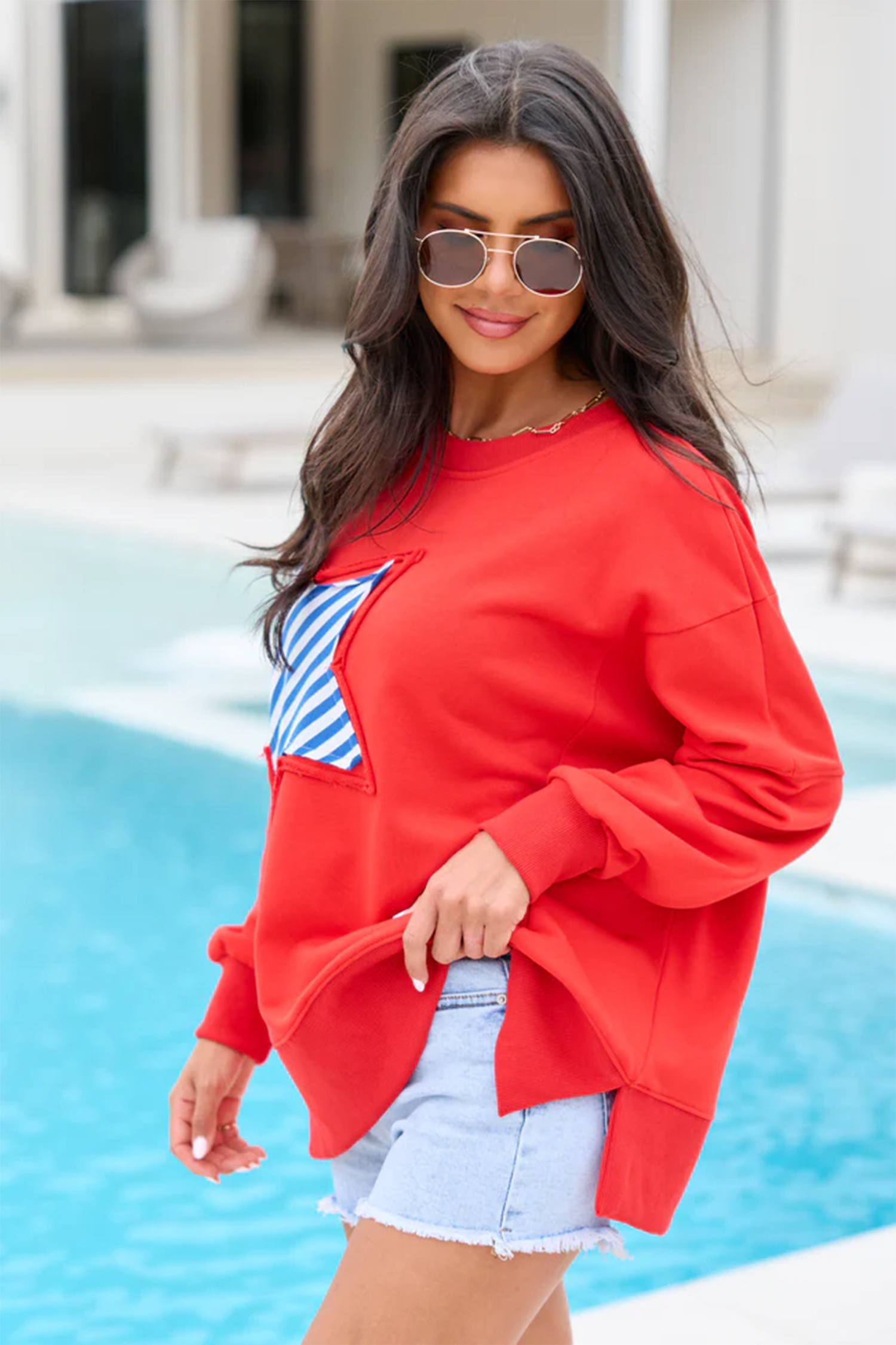 Women's Patriotic Star Sweatshirt, Festive Autumn Top - Detail View 5