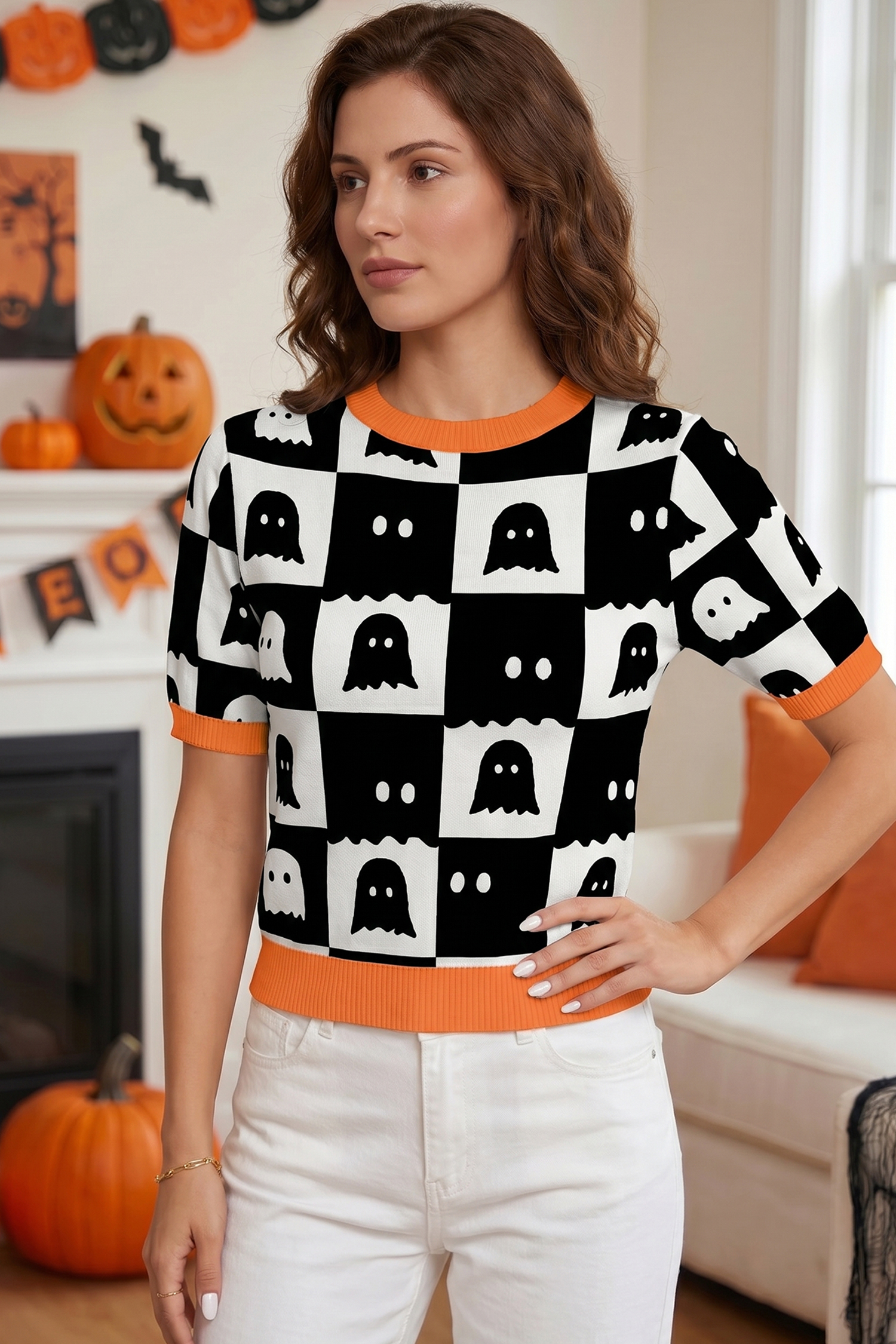 Ghost Print Color Block Sweater, Women's Festive Fall Knit - Detail View 5
