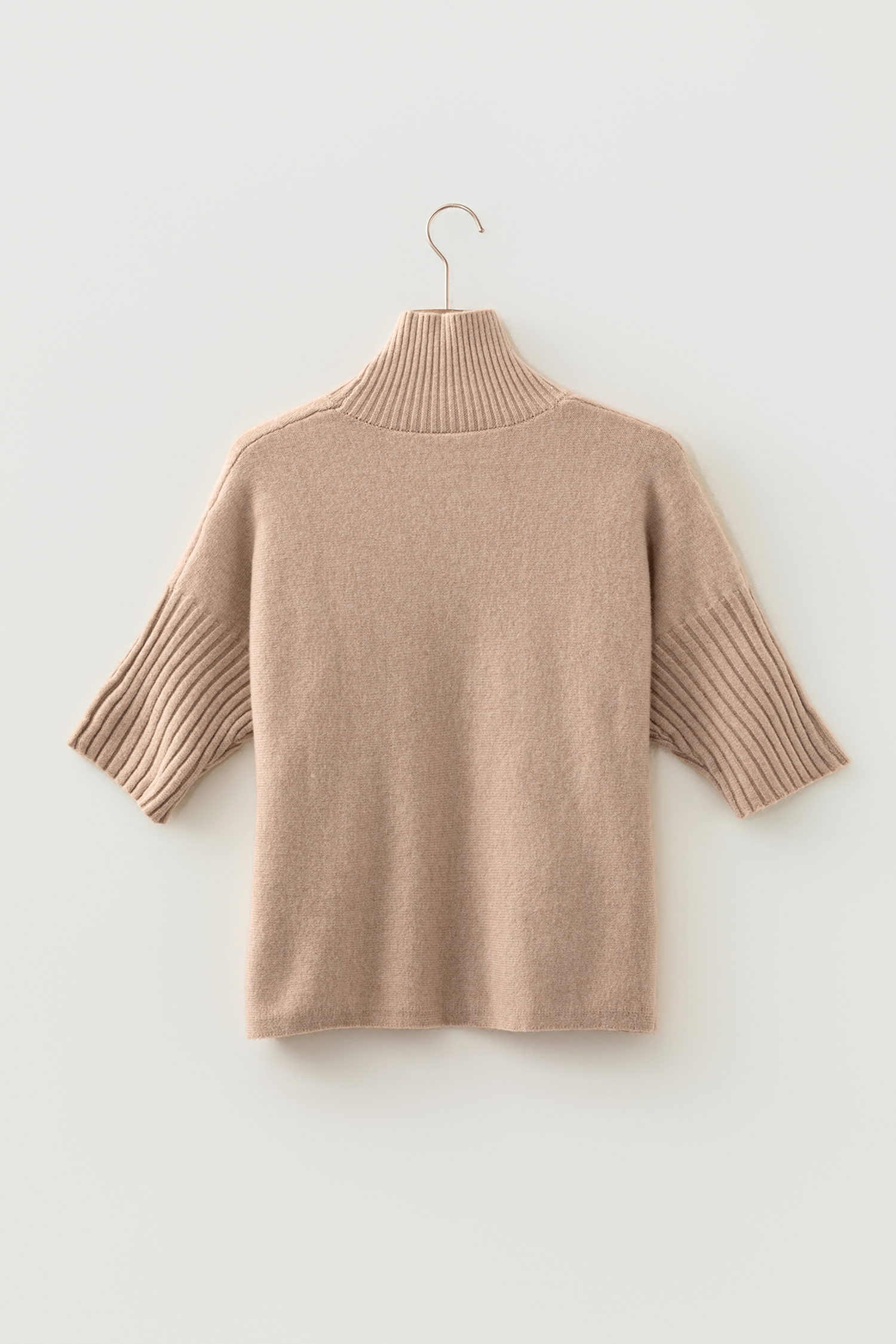 Women's Mock Neck Short Sleeve Sweater – Casual Beige Knit - Detail View 7