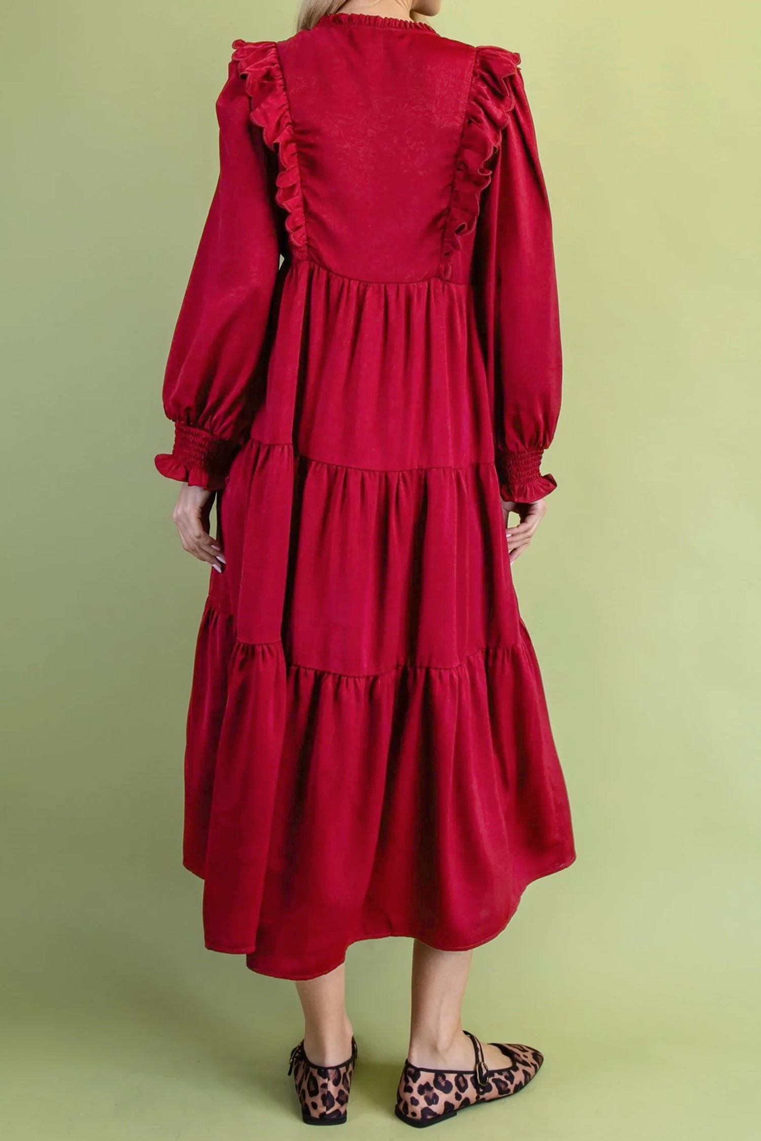 Racing Red Midi Dress, Ruffle Trim Long Sleeve Autumn Outfit - Detail View 5