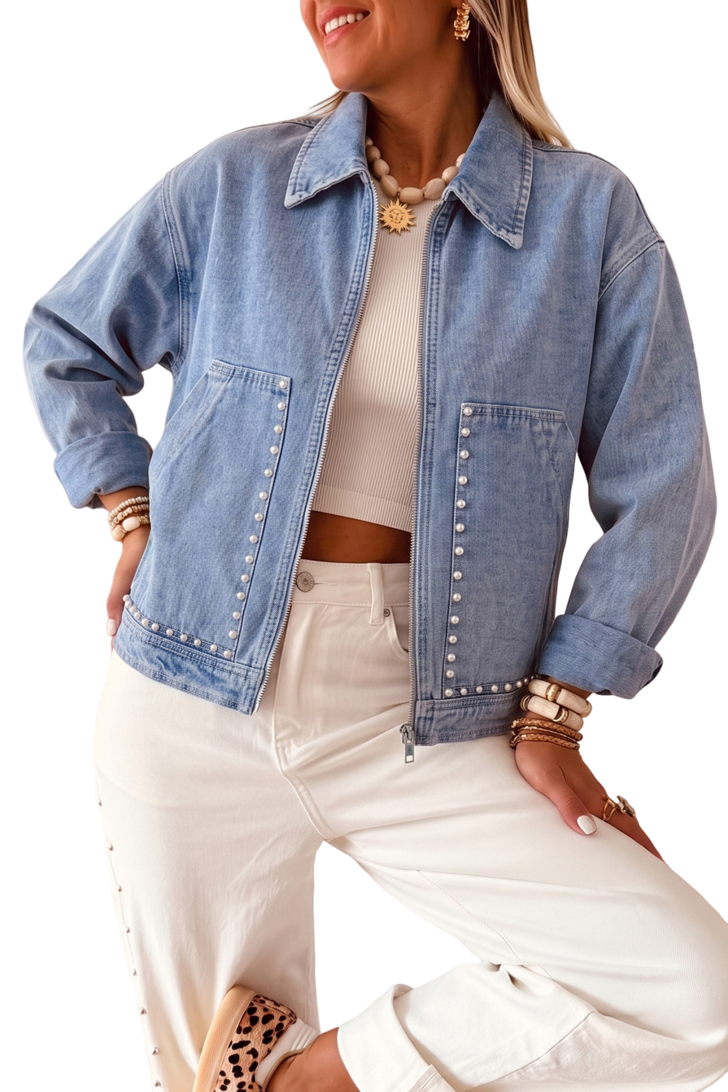 Women's Denim Jacket, Beau Blue Pearl Embellished Outerwear - Detail View 7