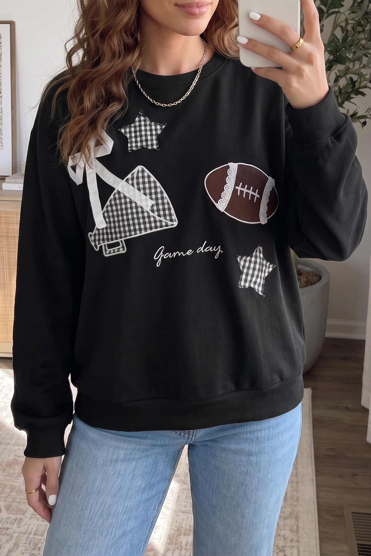 Women's Gingham Patch Sweatshirt, Cute Game Day Star Top - Detail View 2