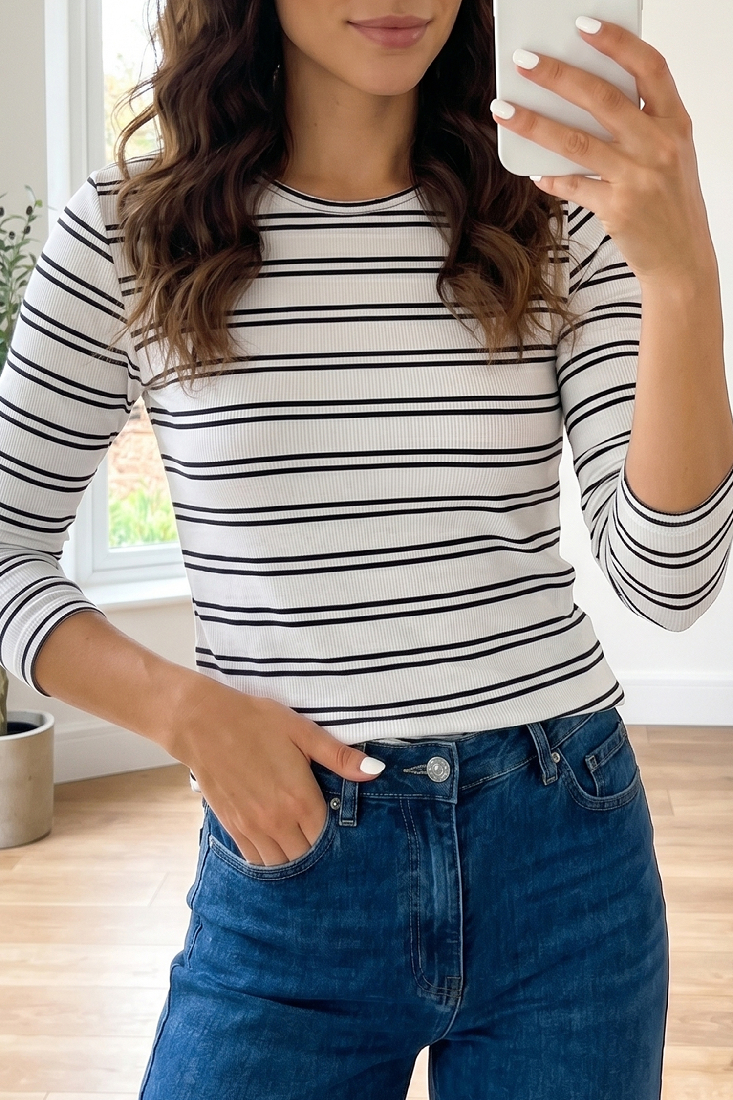 Women's Long Sleeve Striped Knit Top – Fall Ribbed Tee Shirt - Detail View 5