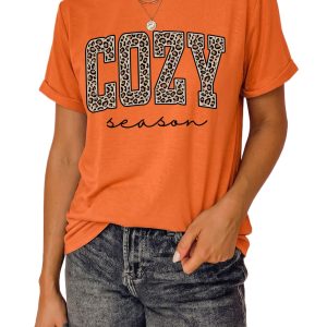 Women's Cozy Season Tee, Casual Orange Graphic Shirt - Main View