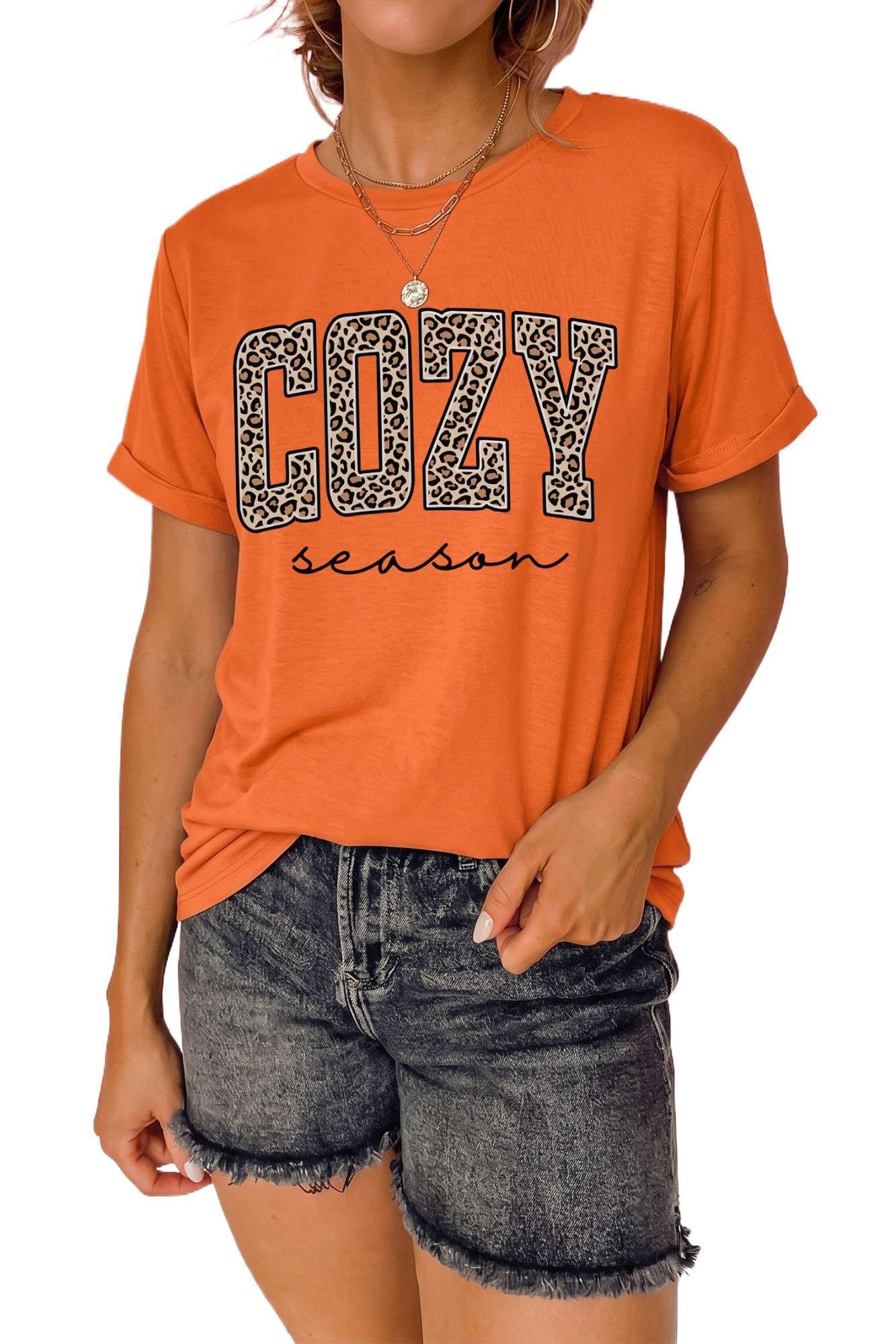 Women's Cozy Season Tee, Casual Orange Graphic Shirt - Main View