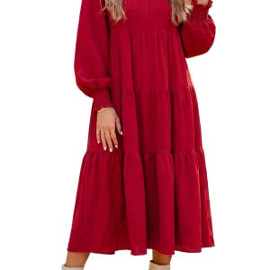 Women's Red Tiered Midi Dress, Long Sleeve Casual Fall Style - Main View