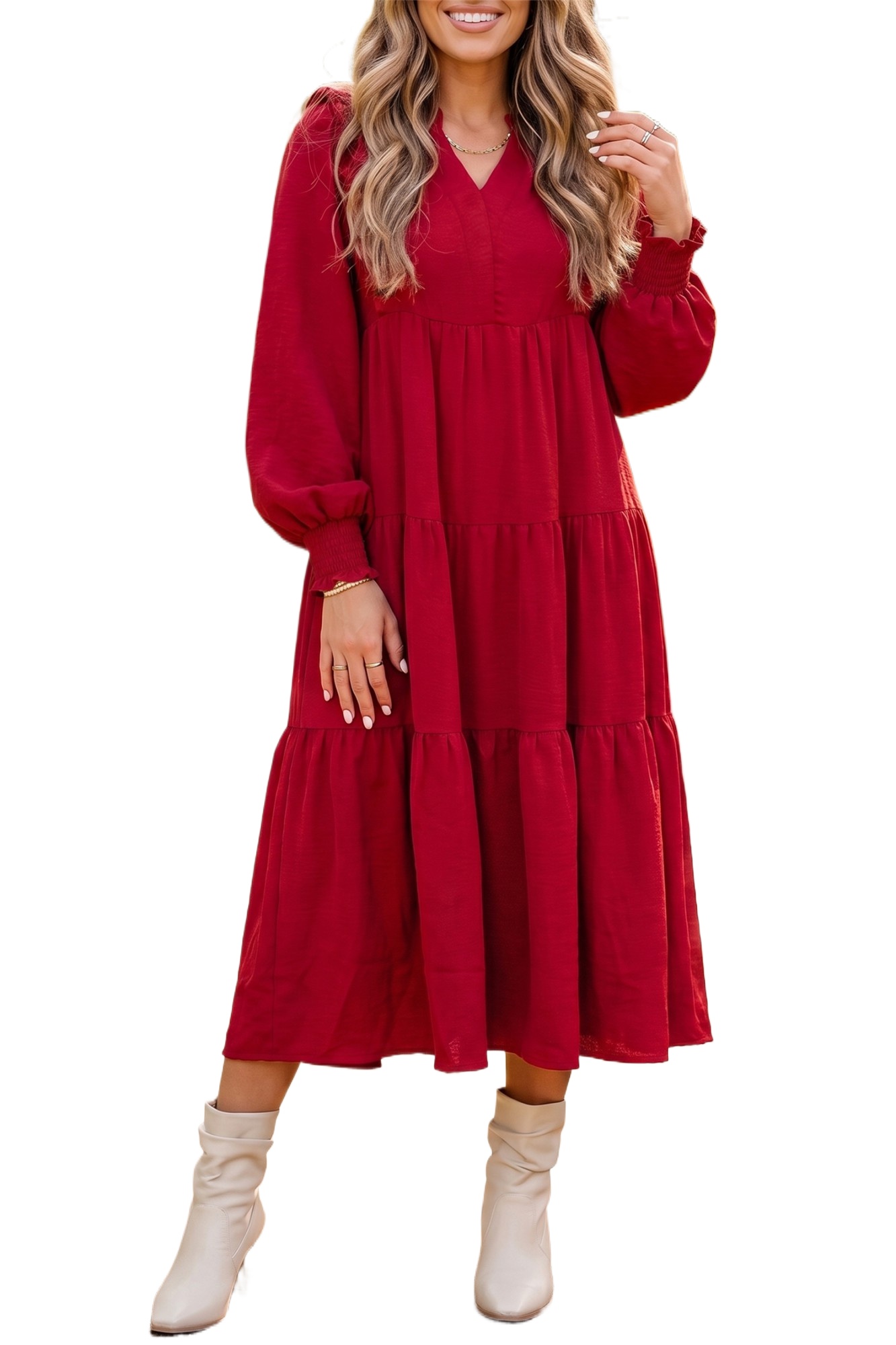 Women's Red Tiered Midi Dress, Long Sleeve Casual Fall Style - Main View