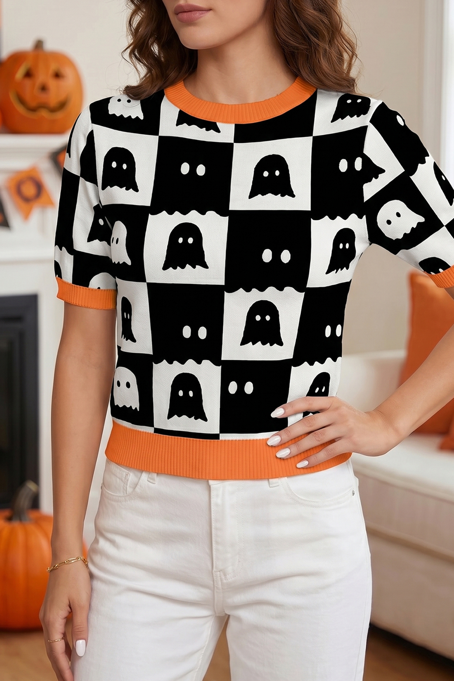 Viscose Blend Ghost Knit Top, Women's Cozy Halloween Sweater - Detail View 3