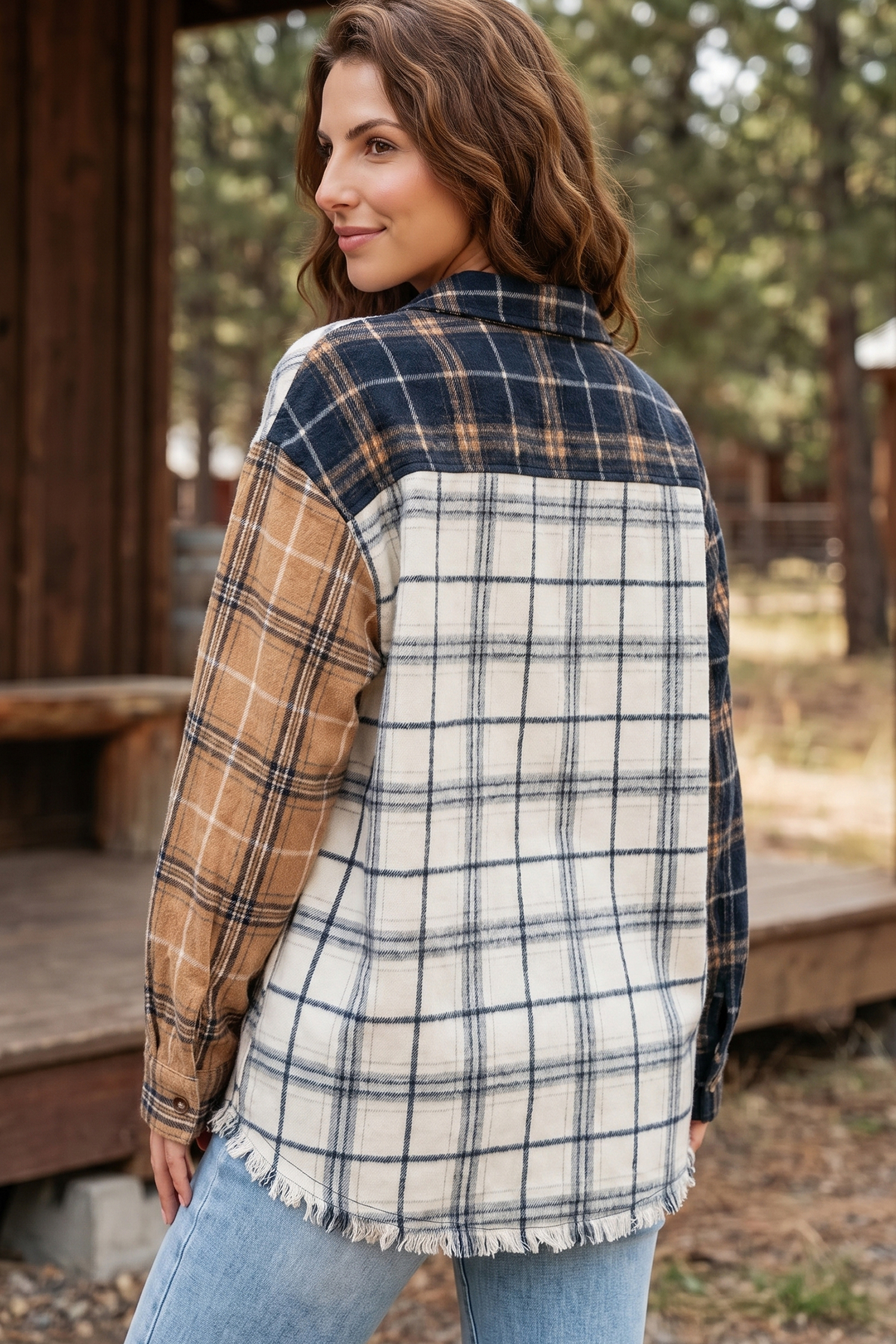 Multicolor Plaid Shirt Jacket, Women's Fall Patchwork Top - Detail View 2