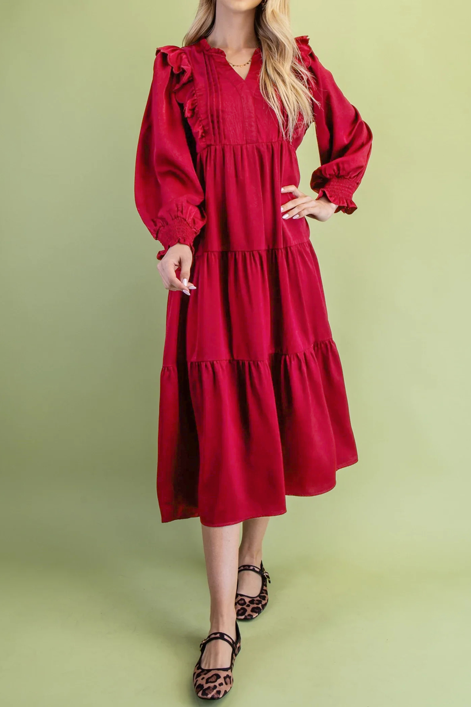 Racing Red Midi Dress, Ruffle Trim Long Sleeve Autumn Outfit - Detail View 8