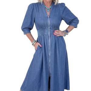 Women's Denim Midi Dress – Shirred High Waist V-Neck Casual - Main View