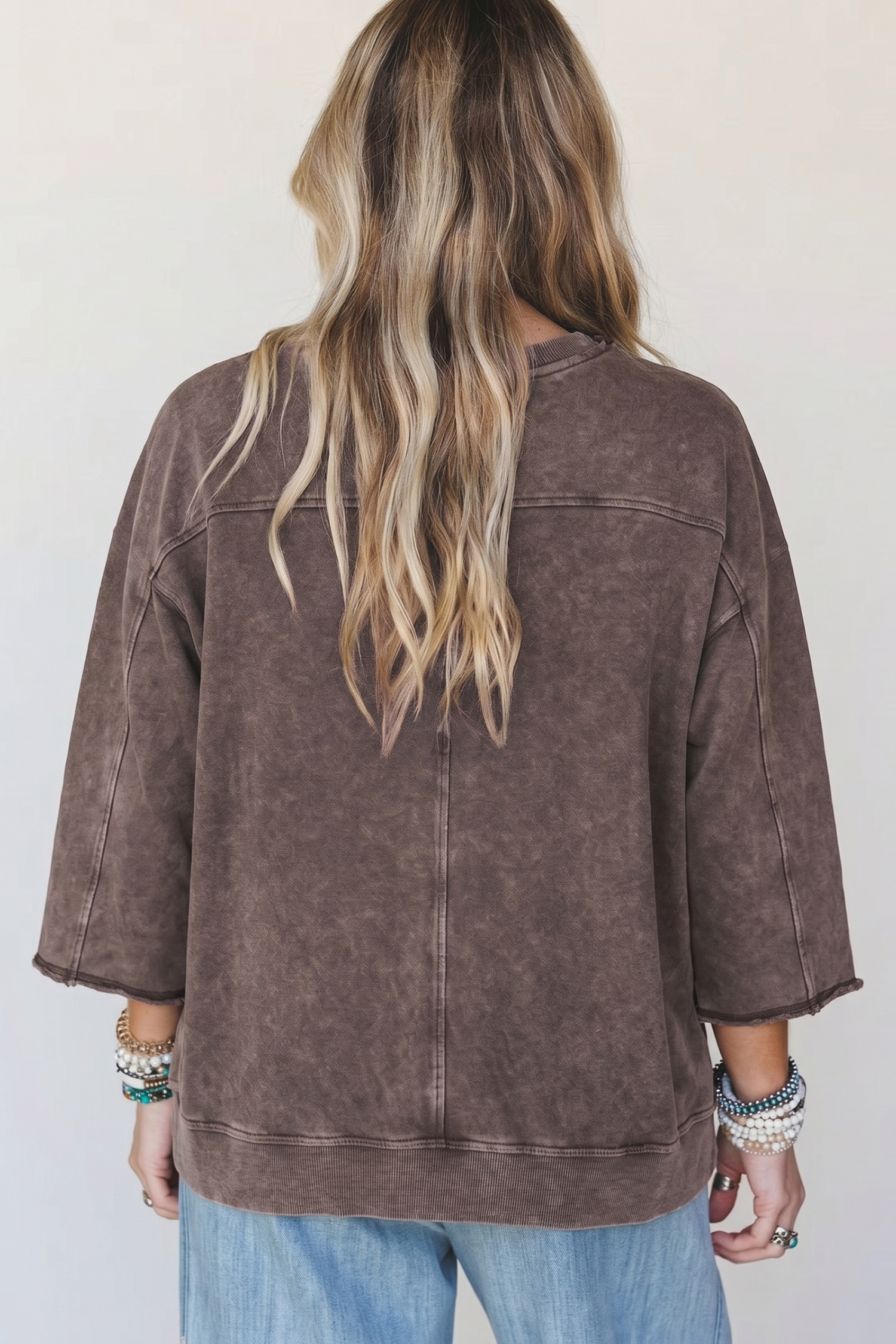 Vintage Style Cotton Pullover, Relaxed Dark Brown Round Neck - Detail View 5
