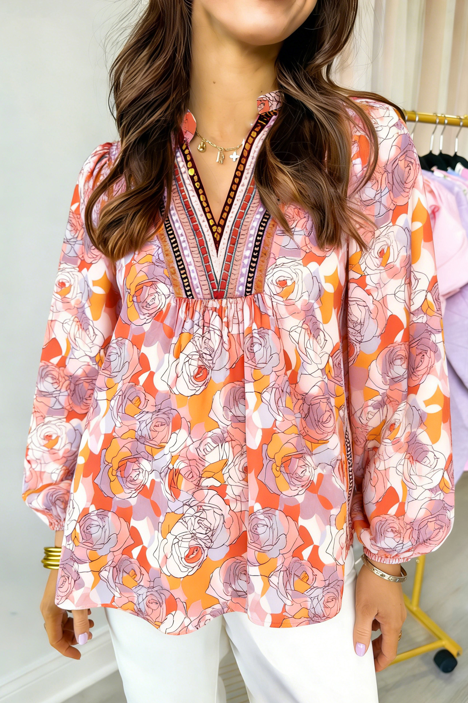 Women's Long Sleeve Shift Blouse, Casual Floral Autumn Top - Detail View 6