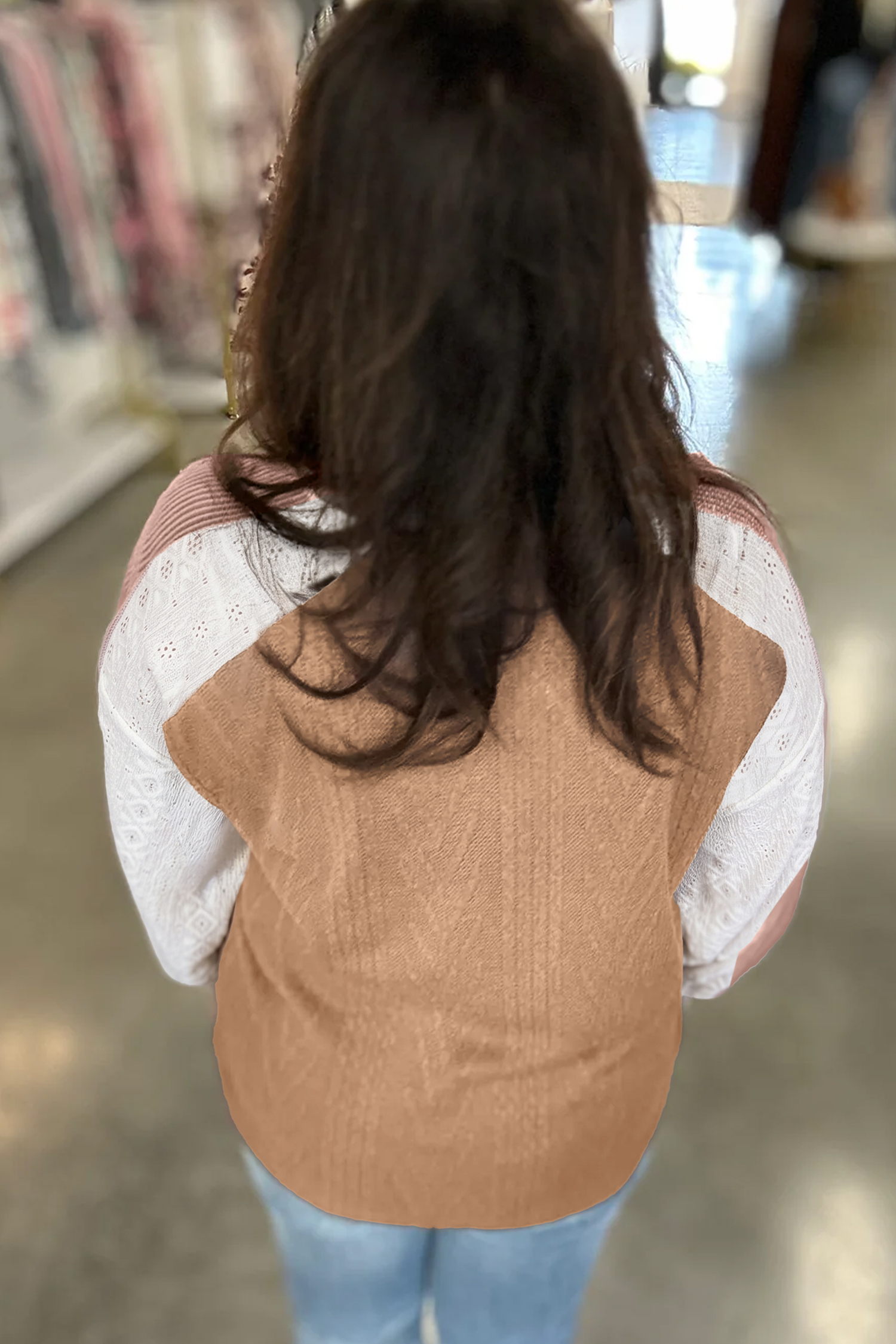 Women's Color Block Knit Top – Casual Autumn V Neck Blouse - Detail View 6