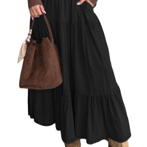 Women's Black Tiered Maxi Skirt – Elastic Waist Denim Design - Main View