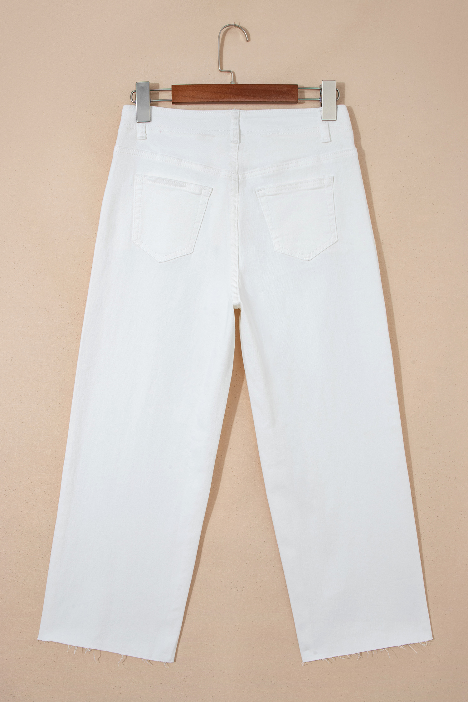 Women's White Raw Hem Jeans, High Waisted Wide Leg Denim - Detail View 7