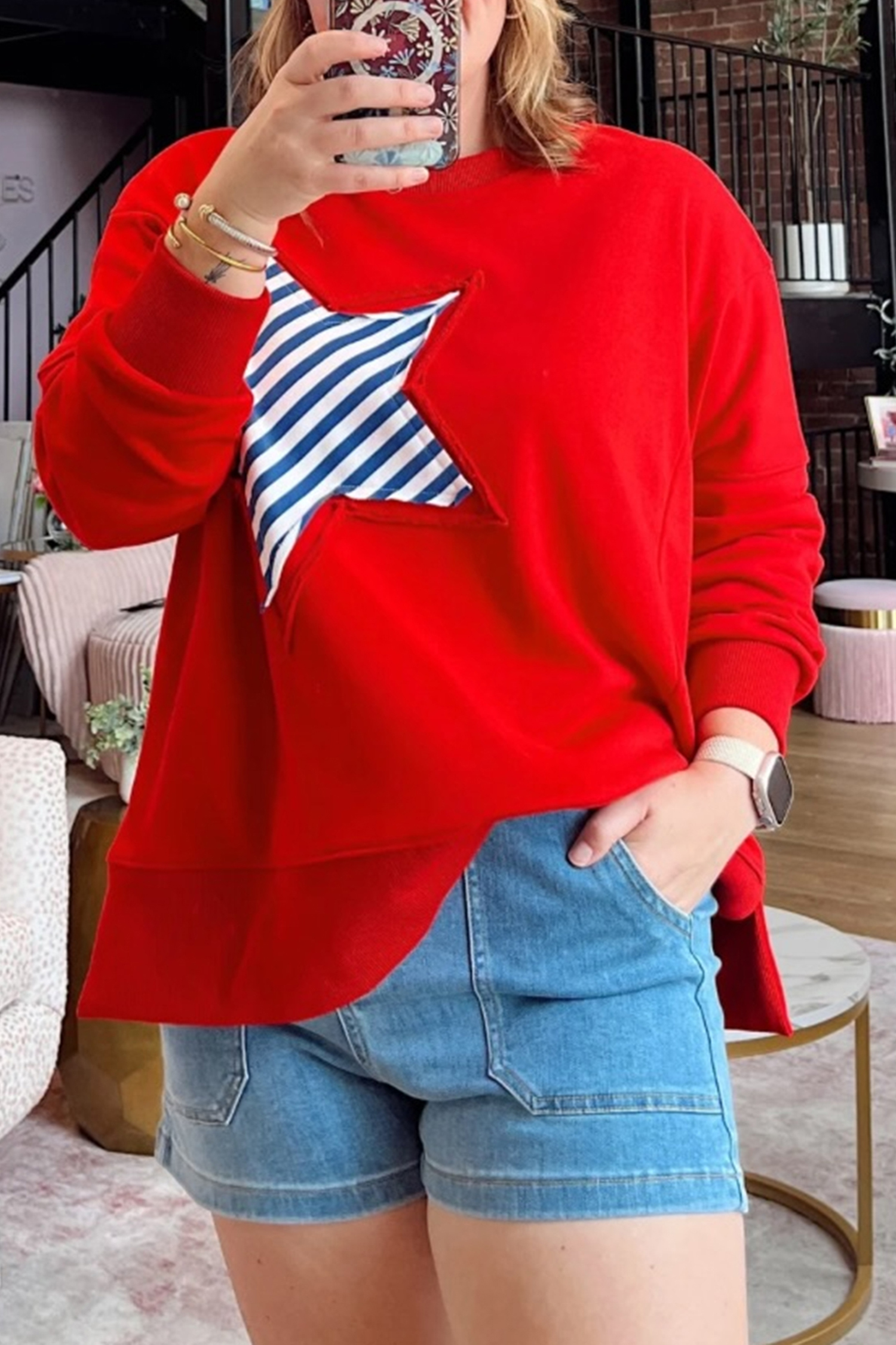 Women's Red Star Sweatshirt, Casual Crewneck Pullover - Detail View 7