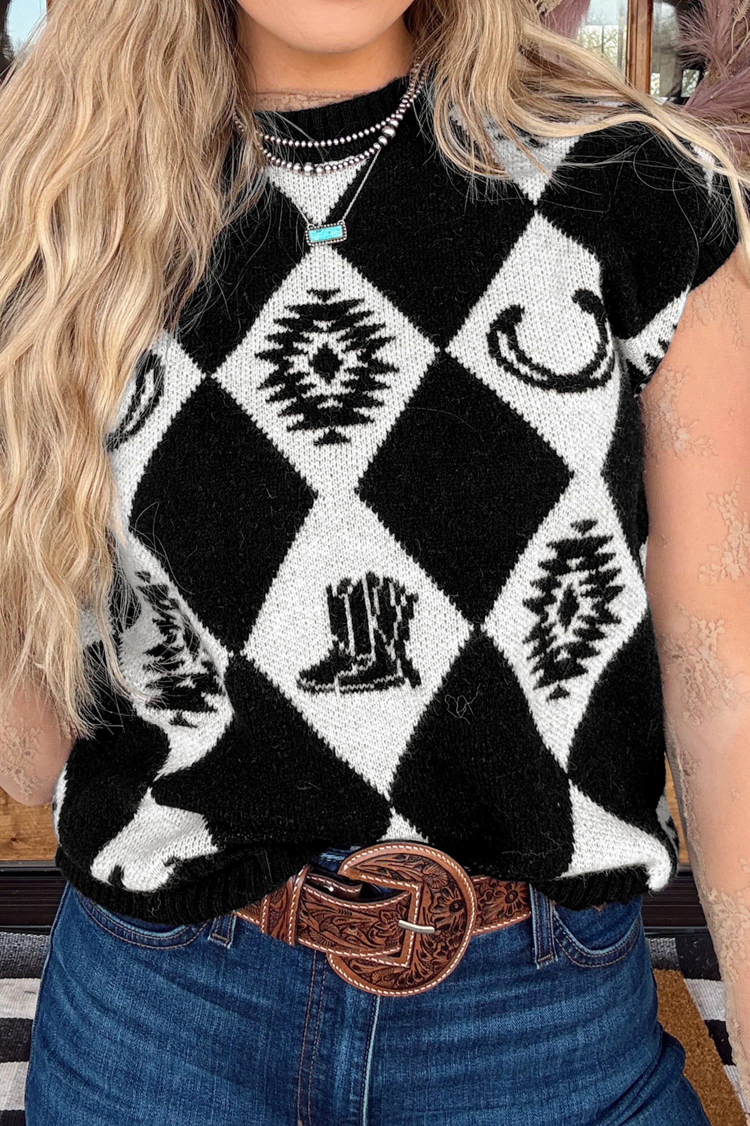 Short Sleeve Western Knit Top, Women's Retro Rhombus Sweater - Detail View 6