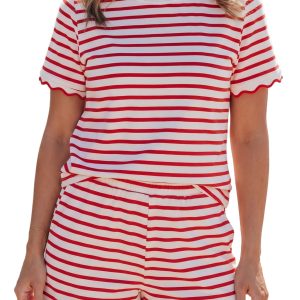 Women's Cotton Striped Scallop Trim 2-Piece Set - Main View