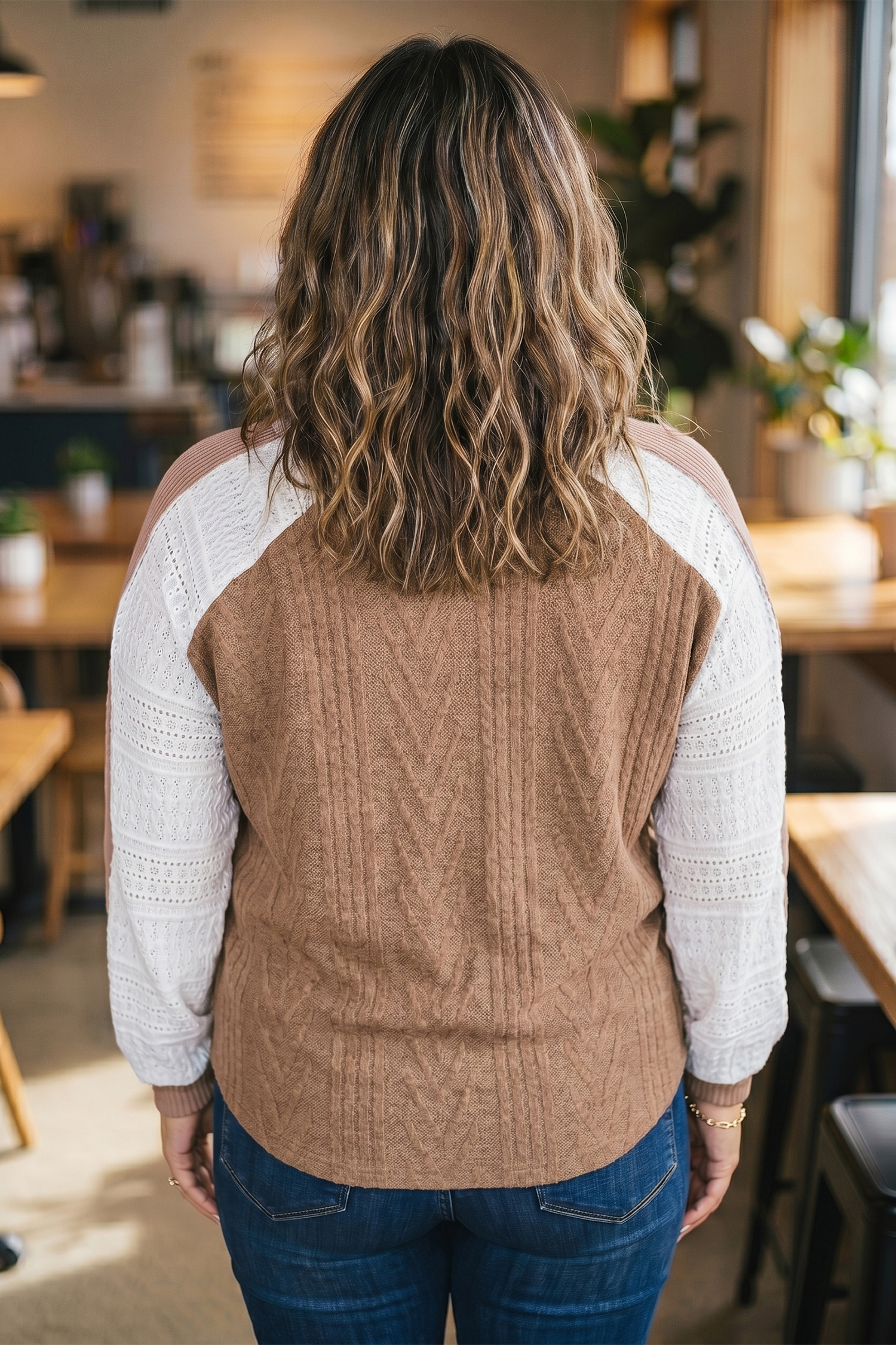 Women's Textured Patchwork Blouse – Casual Coffee Top - Detail View 2