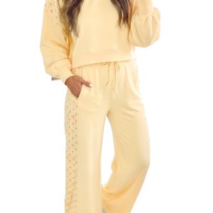Women's Yellow Eyelet Lace Crop Pullover & Pants Set - Main View