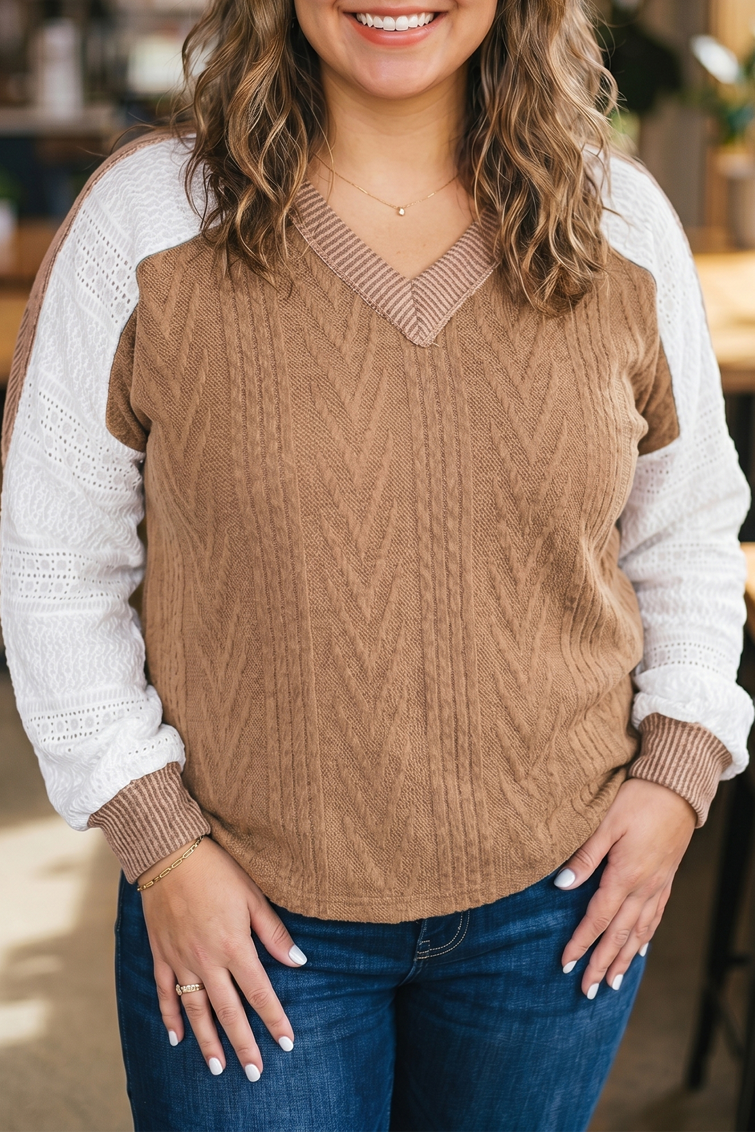 Women's V Neck Lace Long Sleeve Top – Casual Fall Blouse - Detail View 7