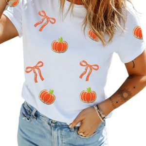 Women's Pumpkin Sequin T Shirt, Casual Fall Graphic Tee - Main View