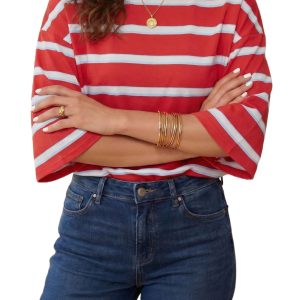 Women's Striped Tee, Backless Bow Tie Casual Top - Main View