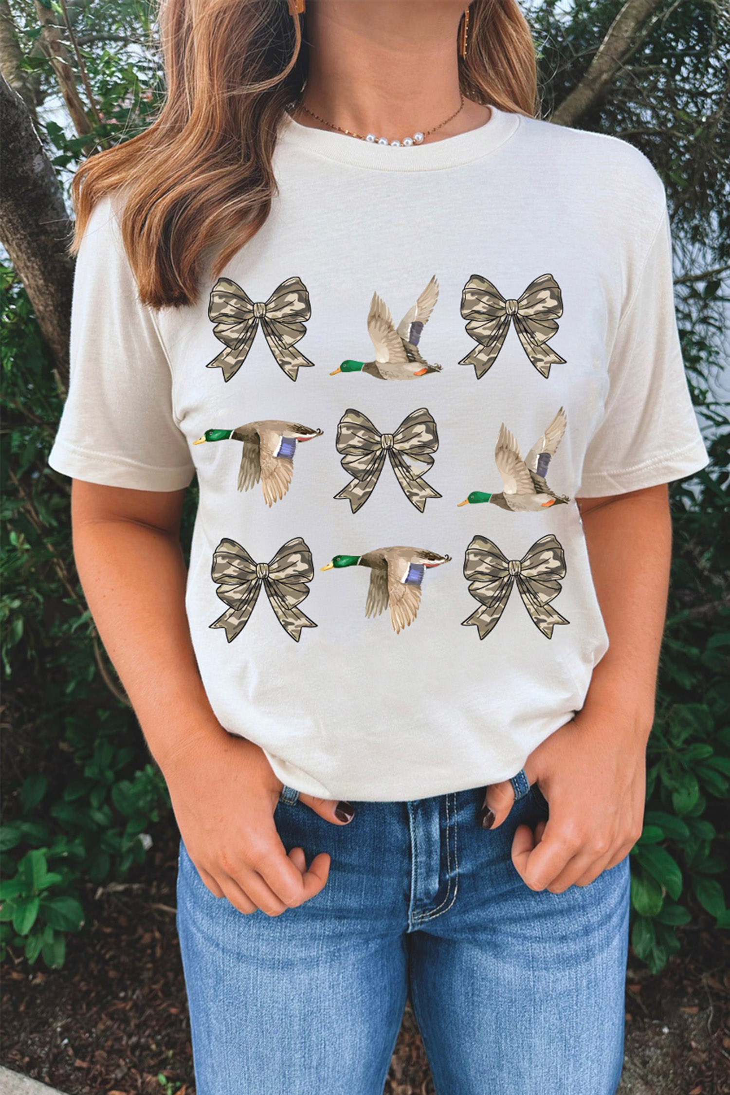 Soft Cotton Blend Duck Tee, Women's Camo Bow Graphic Top - Detail View 9