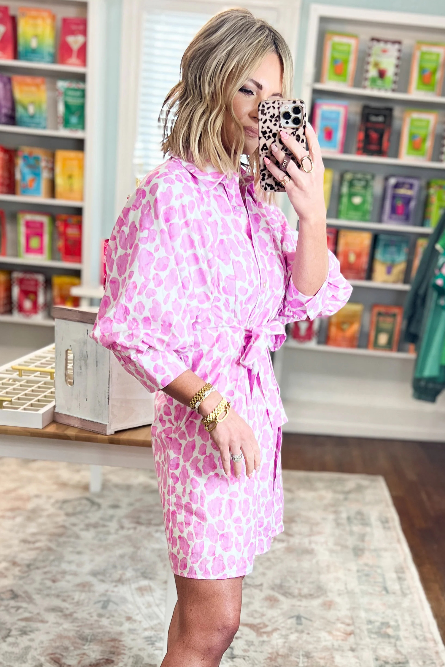 Women's Pink Leopard Tie Waist Mini Shirt Dress – Chic Fall - Detail View 10