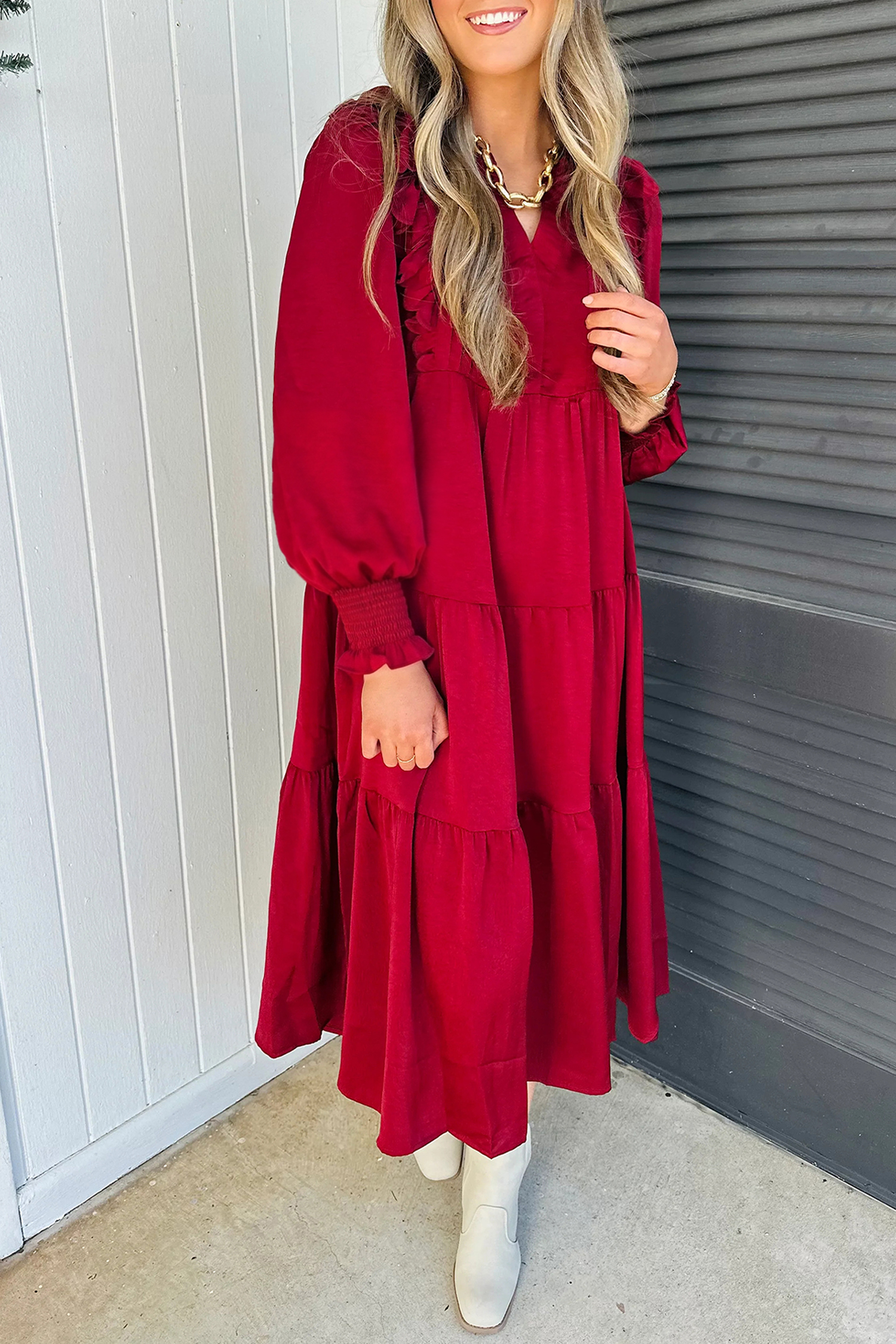 Casual Tiered Midi Dress, Women's Long Sleeve Fall Red Dress - Detail View 3