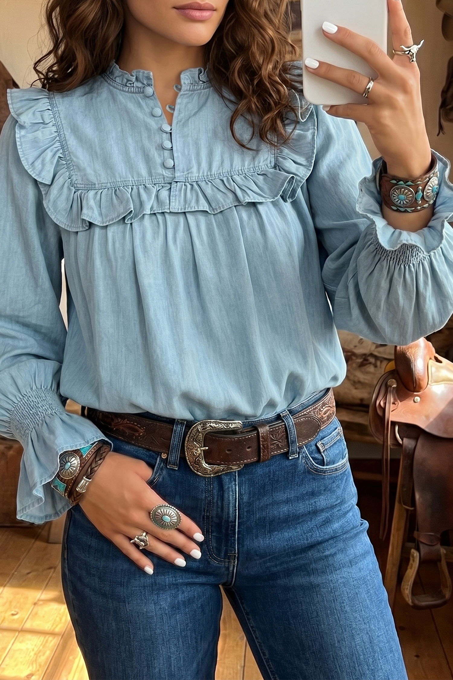 Western Denim Blouse, Ruffle Sleeve Casual Blue Top - Detail View 8