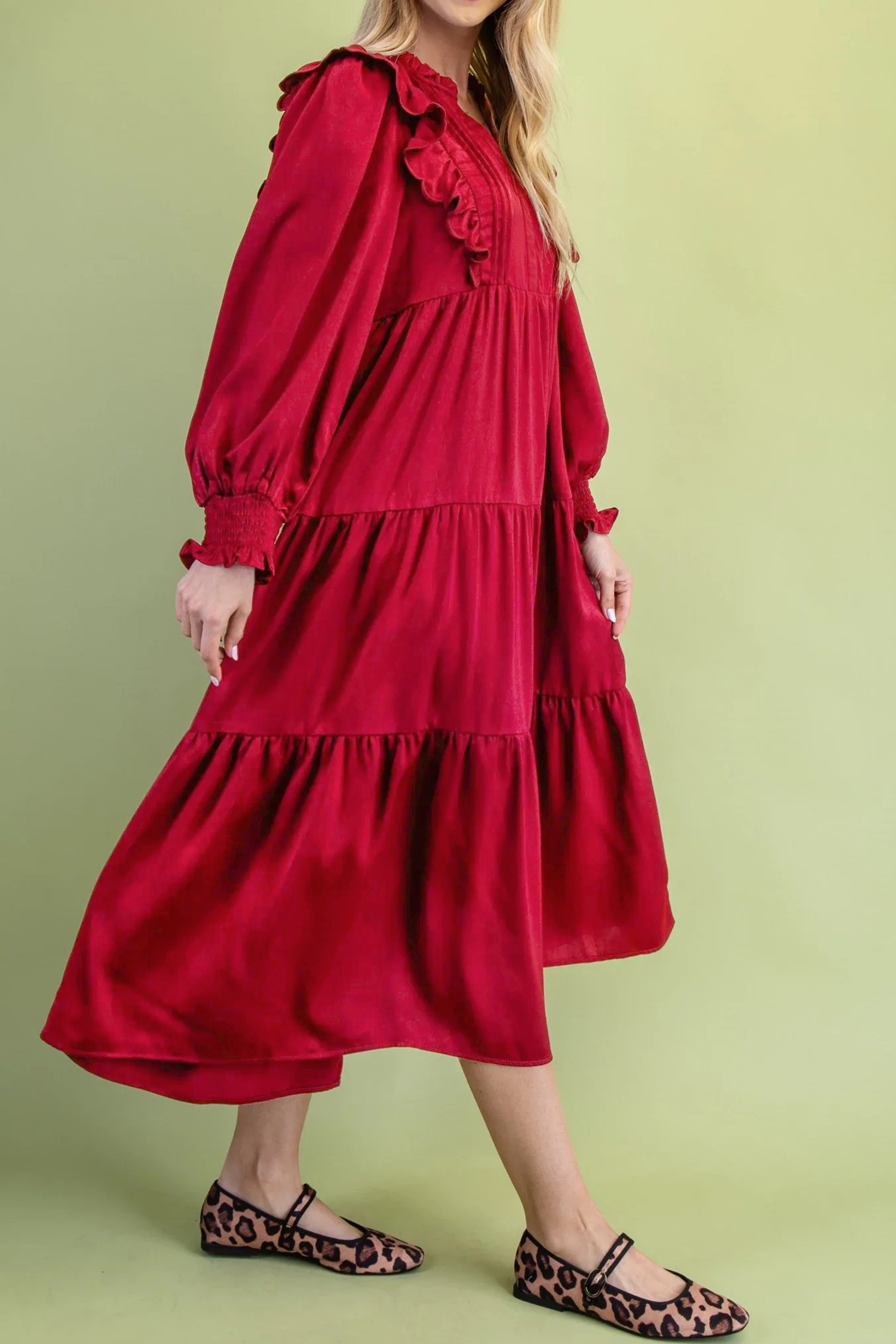 Casual Tiered Midi Dress, Women's Long Sleeve Fall Red Dress - Detail View 6
