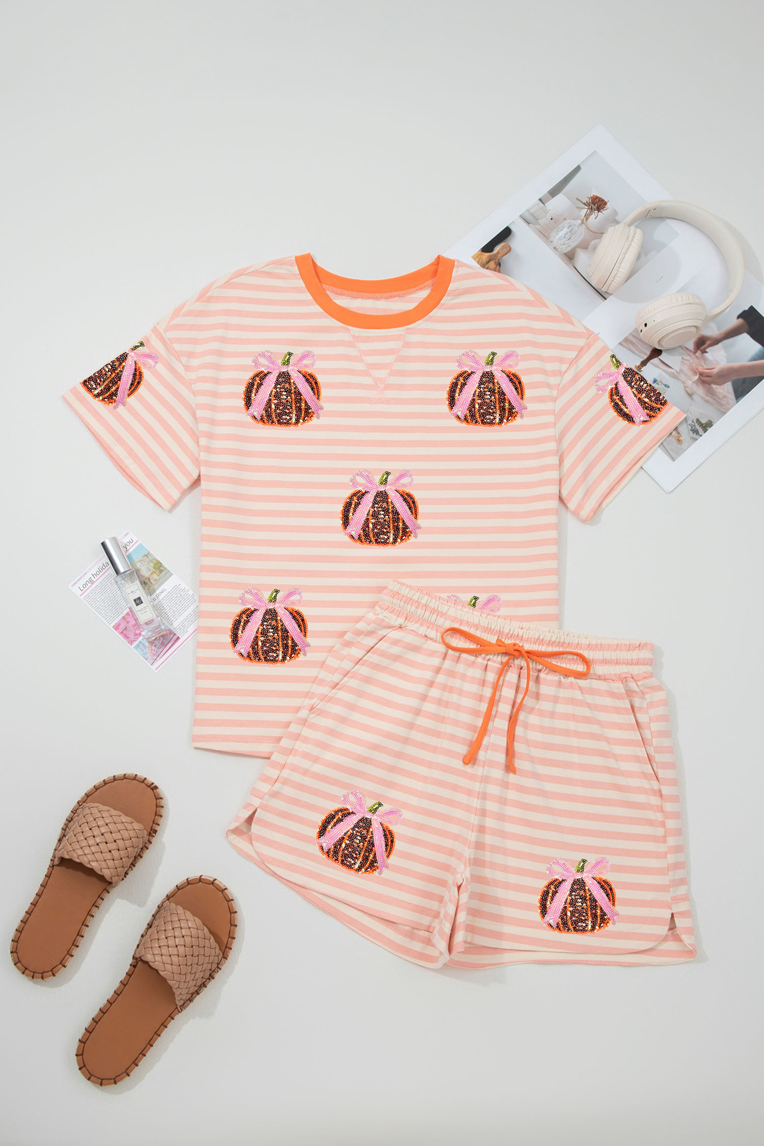 Striped Pumpkin Lounge Set, Casual Women's Short Sleeve - Detail View 7