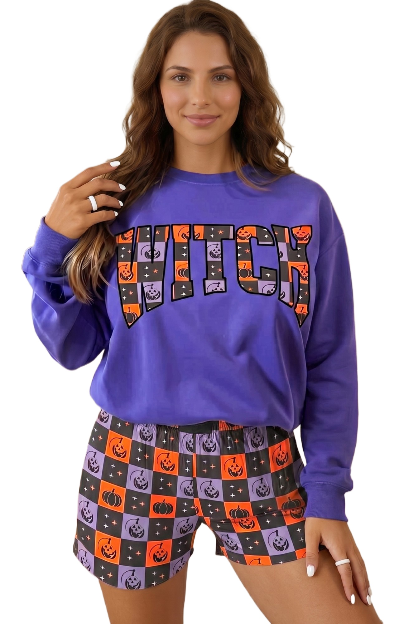 Women's Halloween Pajama Set, Casual Purple Loungewear - Main View