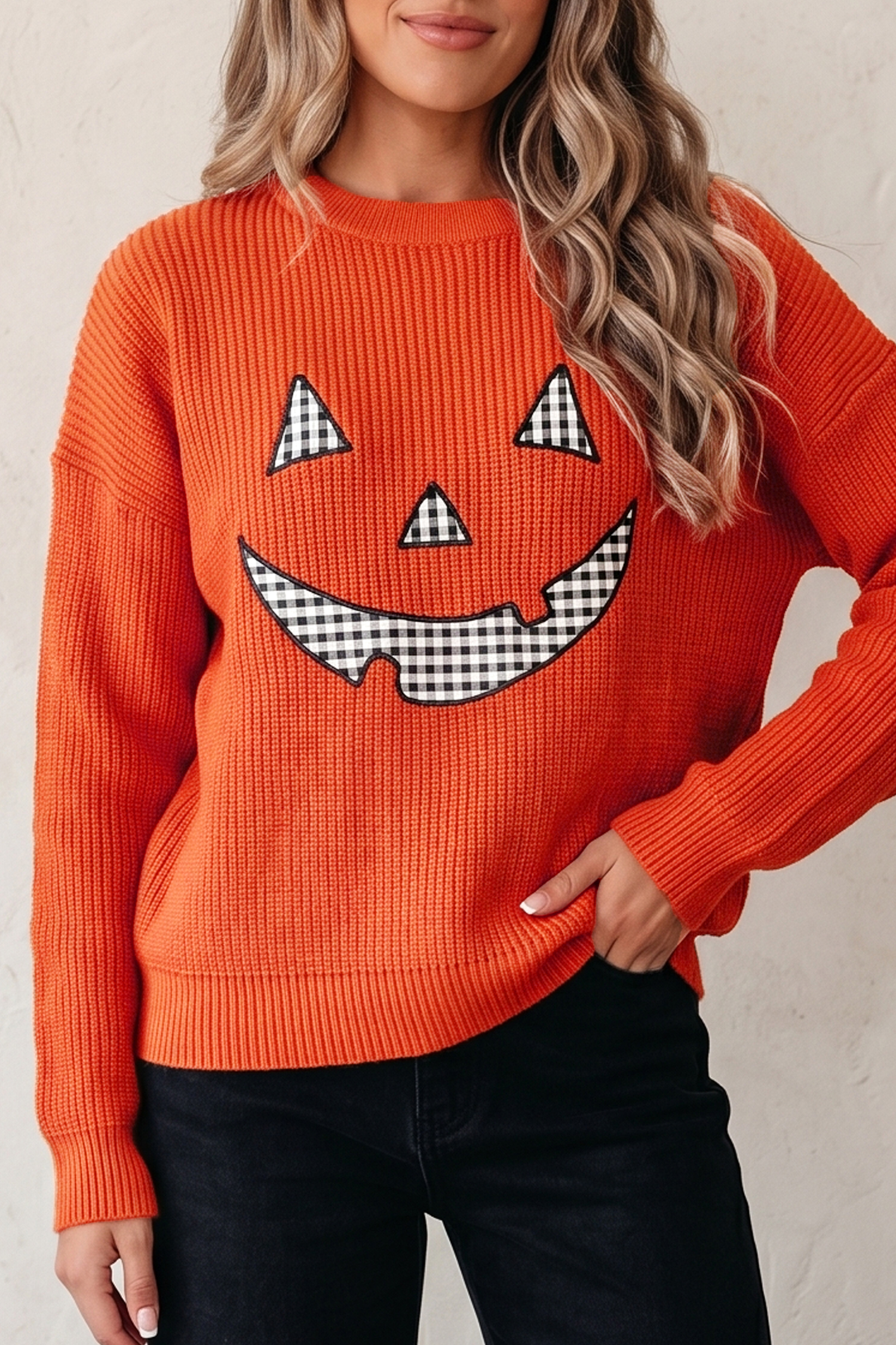 Women's Orange Sweater, Soft Drop Shoulder Fall Knitwear - Detail View 3