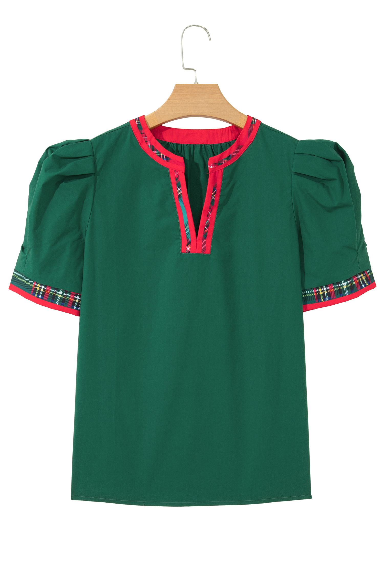 Women's Plaid Trim Blouse, Festive Notched V Neck Top - Detail View 5