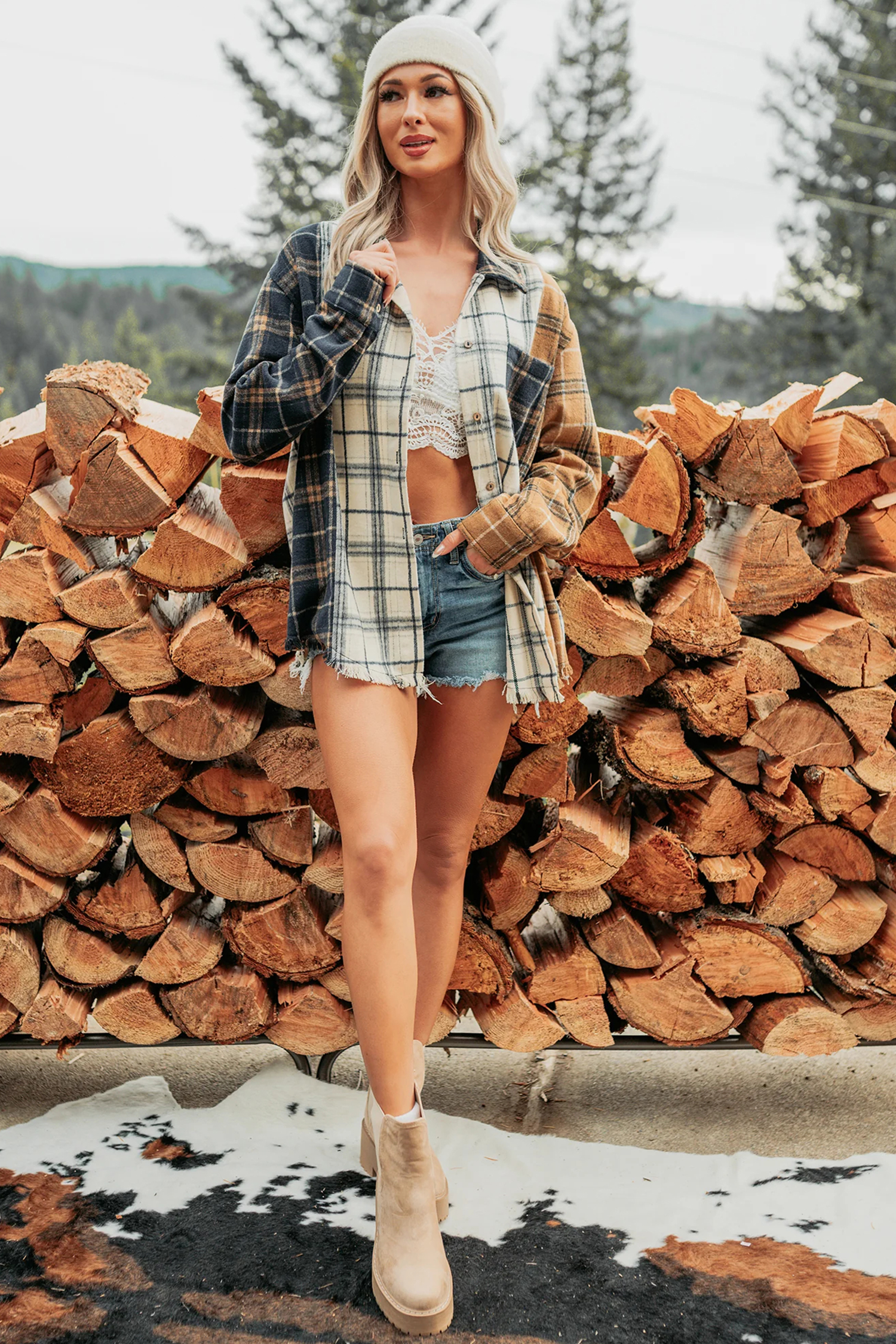 Multicolor Plaid Shirt Jacket, Women's Fall Patchwork Top - Detail View 14
