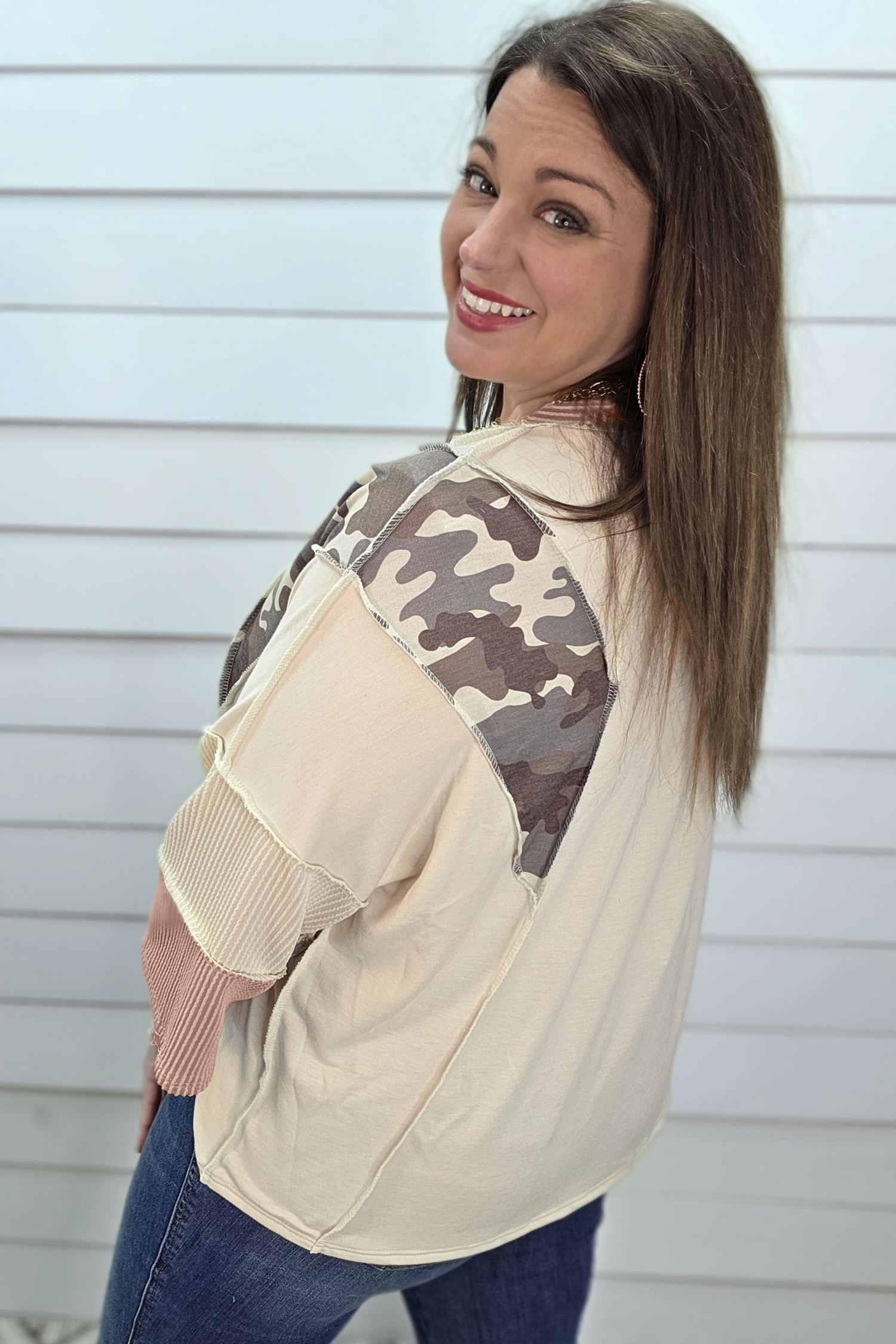 Casual Apricot Camo Top for Women – Plus Size Fall Blouse - Detail View 6