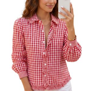 Women's Red Plaid Frill Shirt – Casual Button Down Blouse - Main View