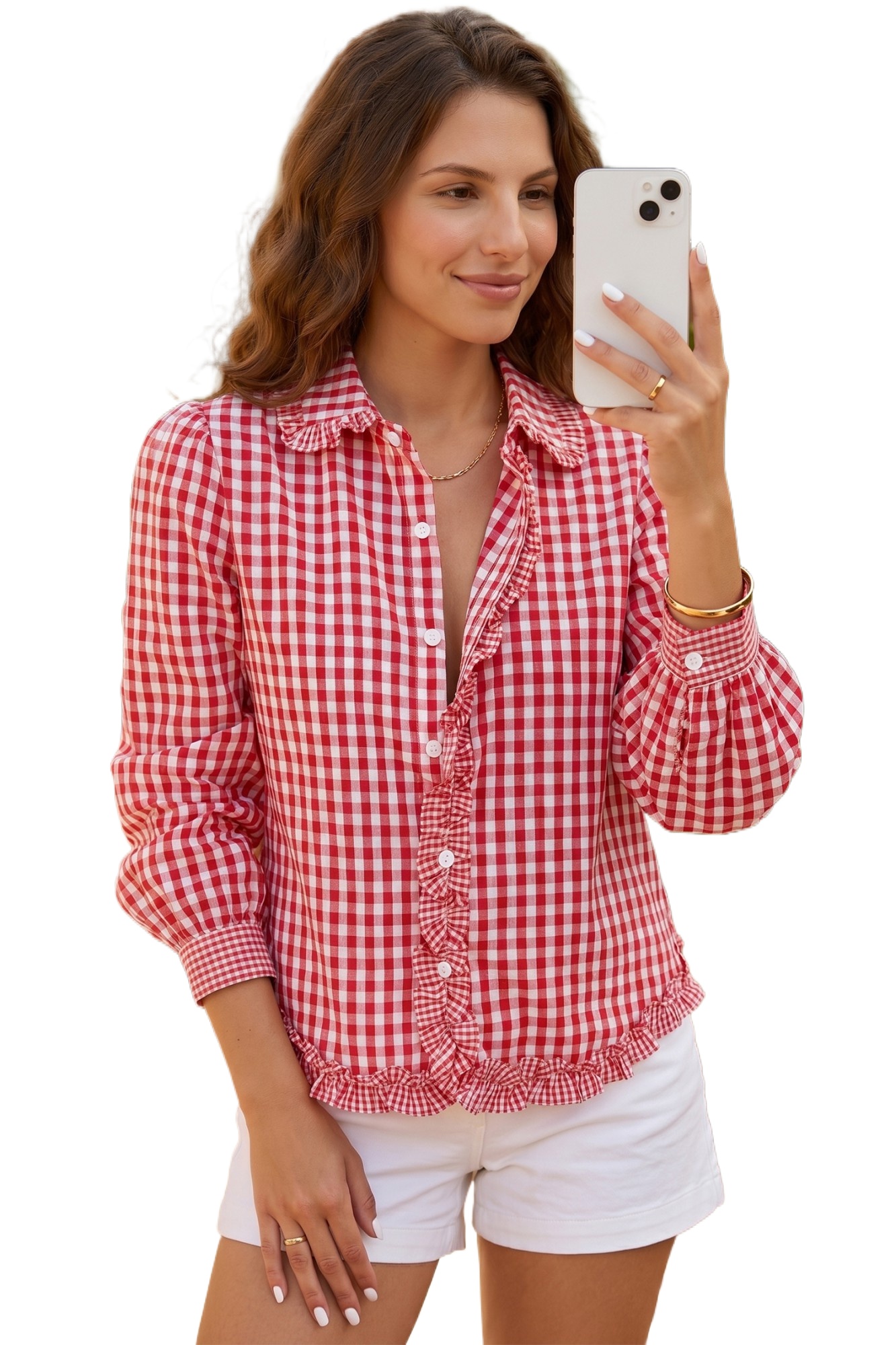 Women's Red Plaid Frill Shirt – Casual Button Down Blouse - Main View