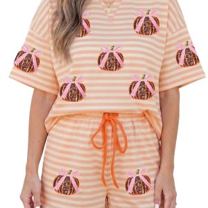 Striped Pumpkin Lounge Set, Casual Women's Short Sleeve - Main View