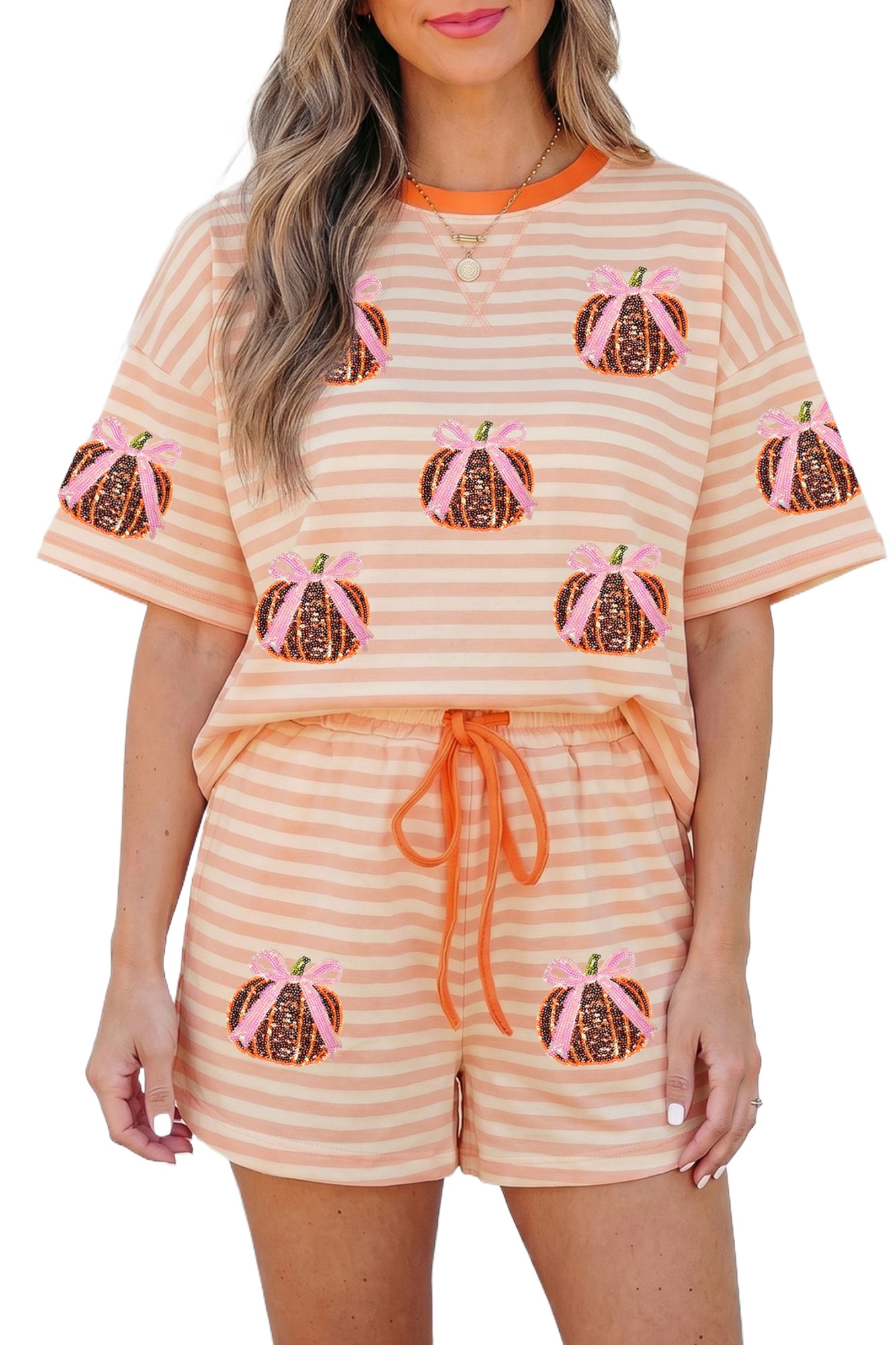 Striped Pumpkin Lounge Set, Casual Women's Short Sleeve - Main View