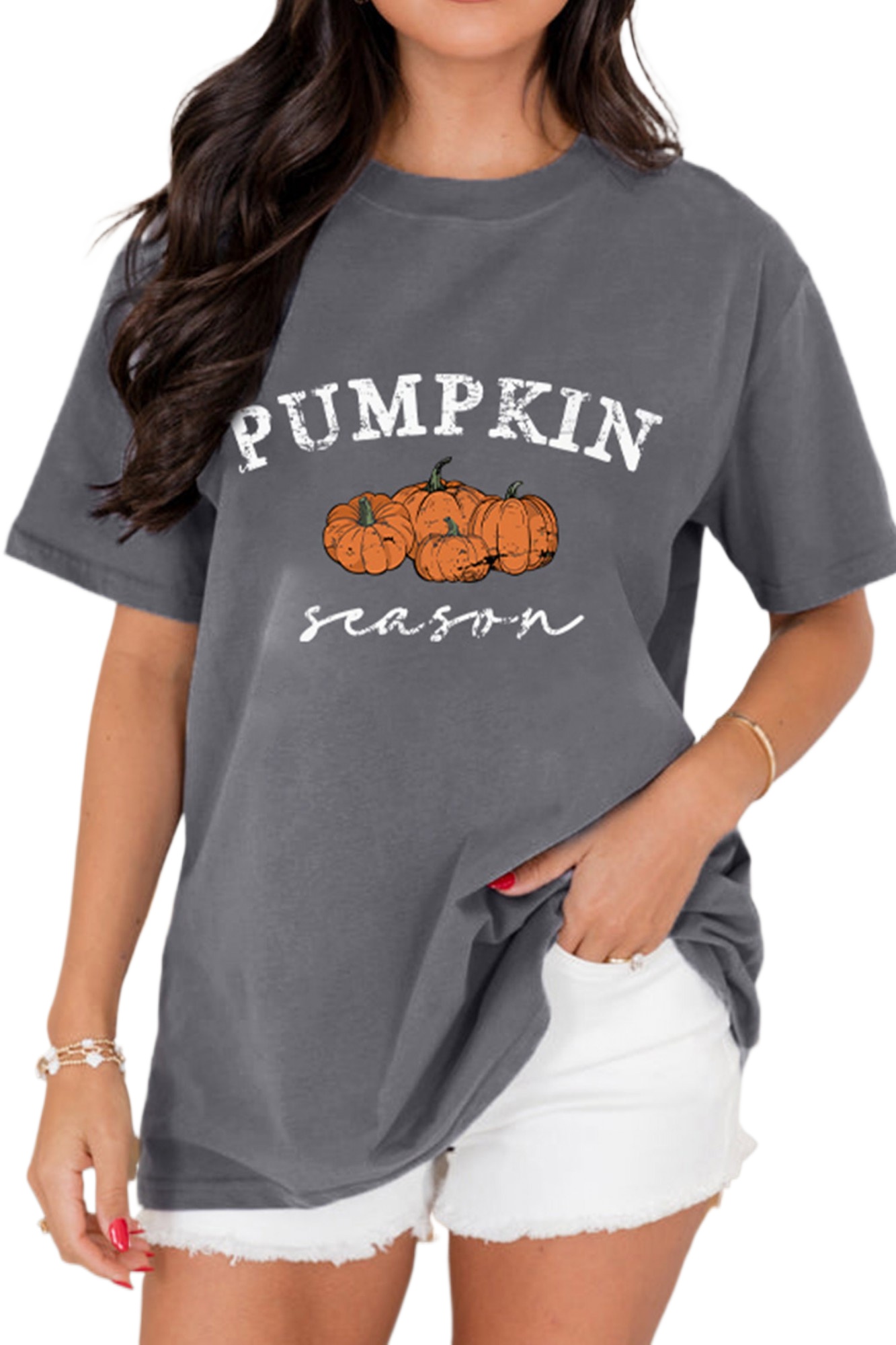 Gray Pumpkin Season Tee, Casual Women's Short Sleeve - Main View