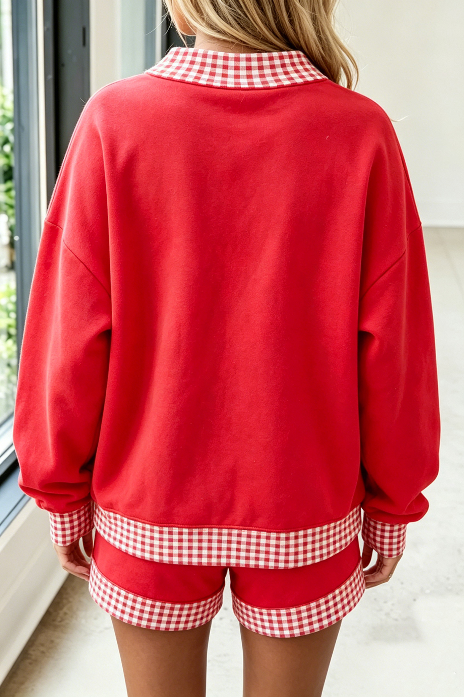 Women's Casual 2pc Short Set, Plaid Trim Mock Neck Pullover - Detail View 6