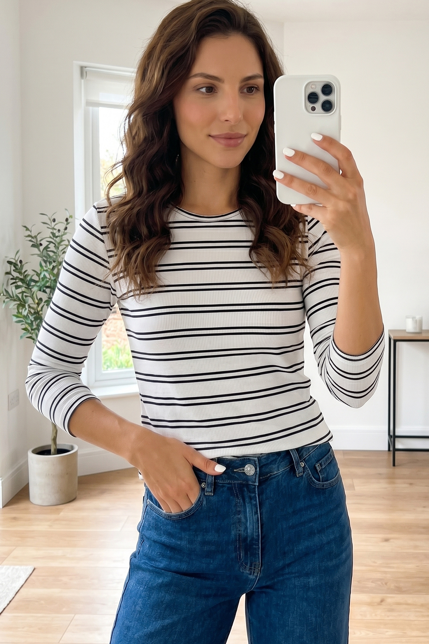Beige Striped Ribbed Knit Top for Women – Fitted Long Sleeve - Detail View 3
