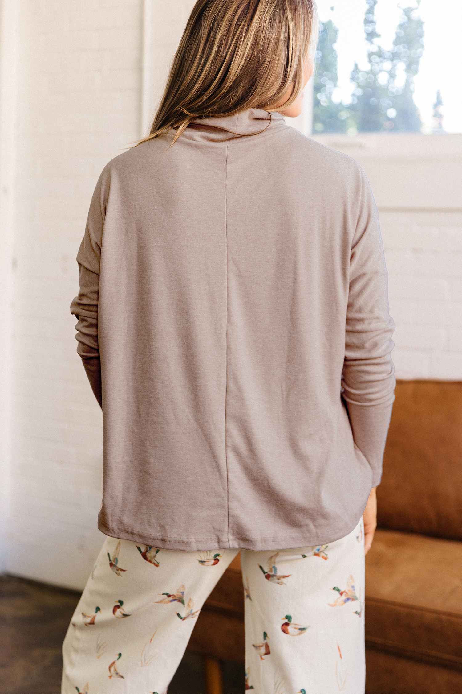 Casual Long Sleeve Mock Neck Blouse – Women's Smoke Gray Top - Detail View 2