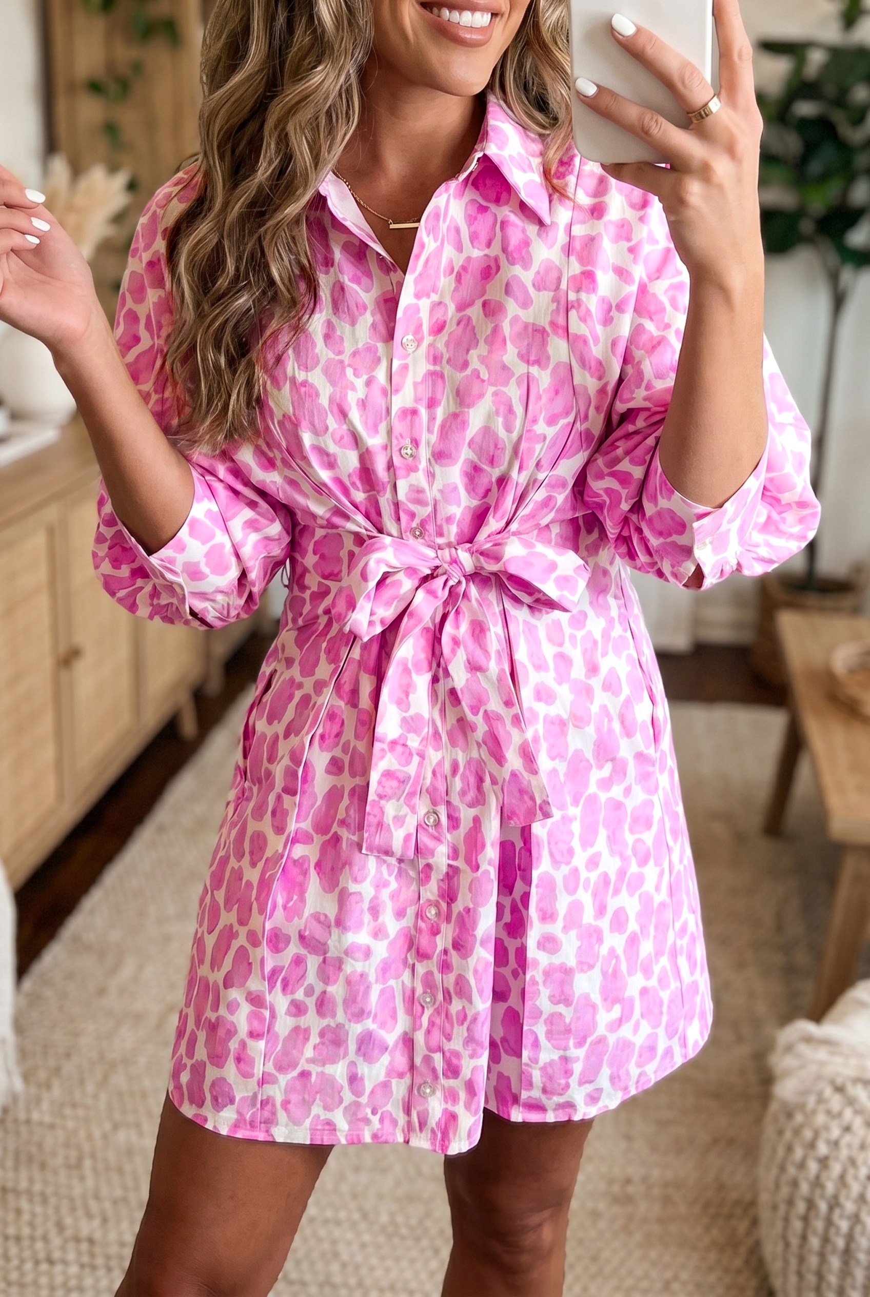 Pink Abstract Print Shirt Dress for Women – Casual Mini Dress - Detail View 2