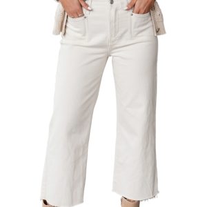 Women's White Raw Hem Jeans, High Waisted Wide Leg Denim - Main View
