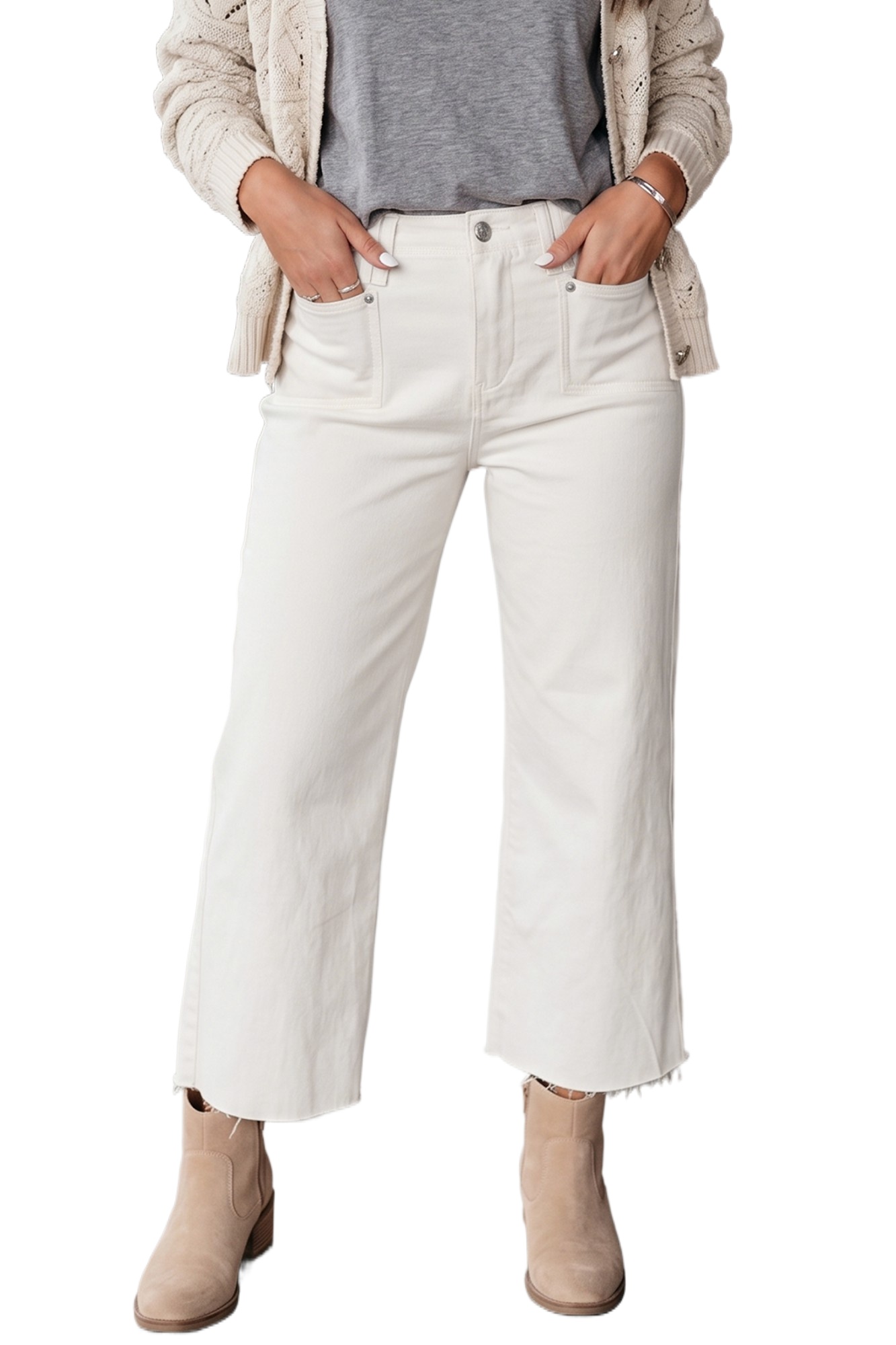 Women's White Raw Hem Jeans, High Waisted Wide Leg Denim - Main View
